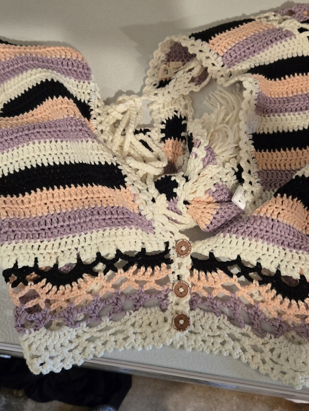 Crochet Striped Button-Front Cardigan in Cream, Lavender & Peach